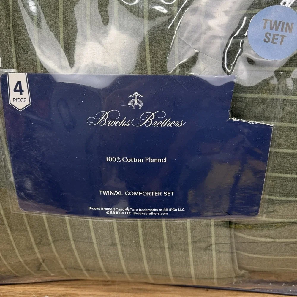 Brooks Brothers 4 Piece Comforter Set Twin XL 100% Cotton Flannel Green Stripes